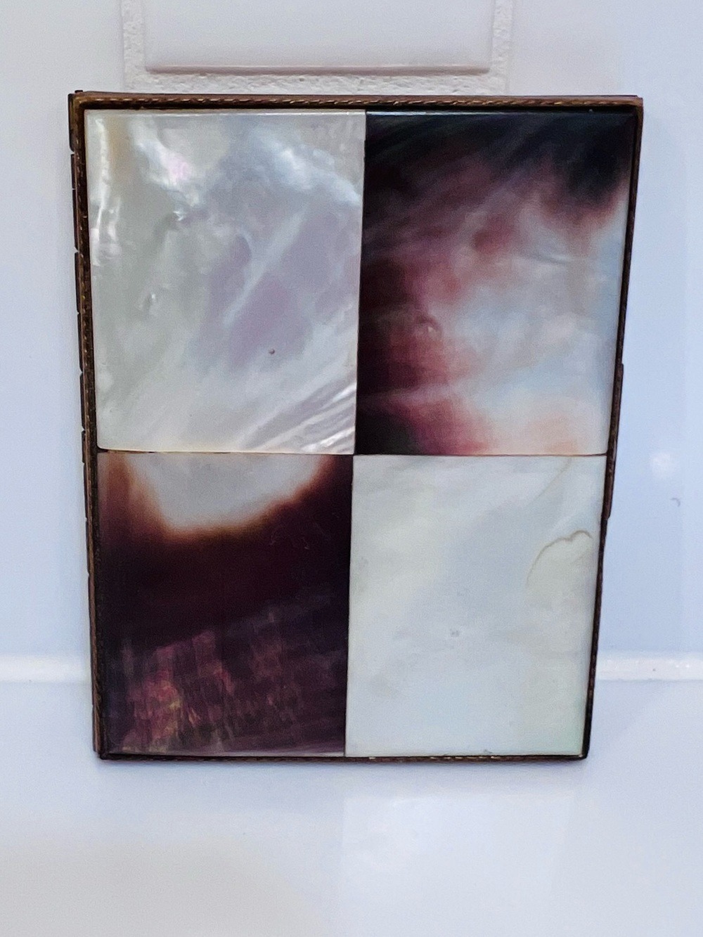 Vintage Cigarette Case Gold Tone Copper White Mother of Pearl Abalone 4" x 3"